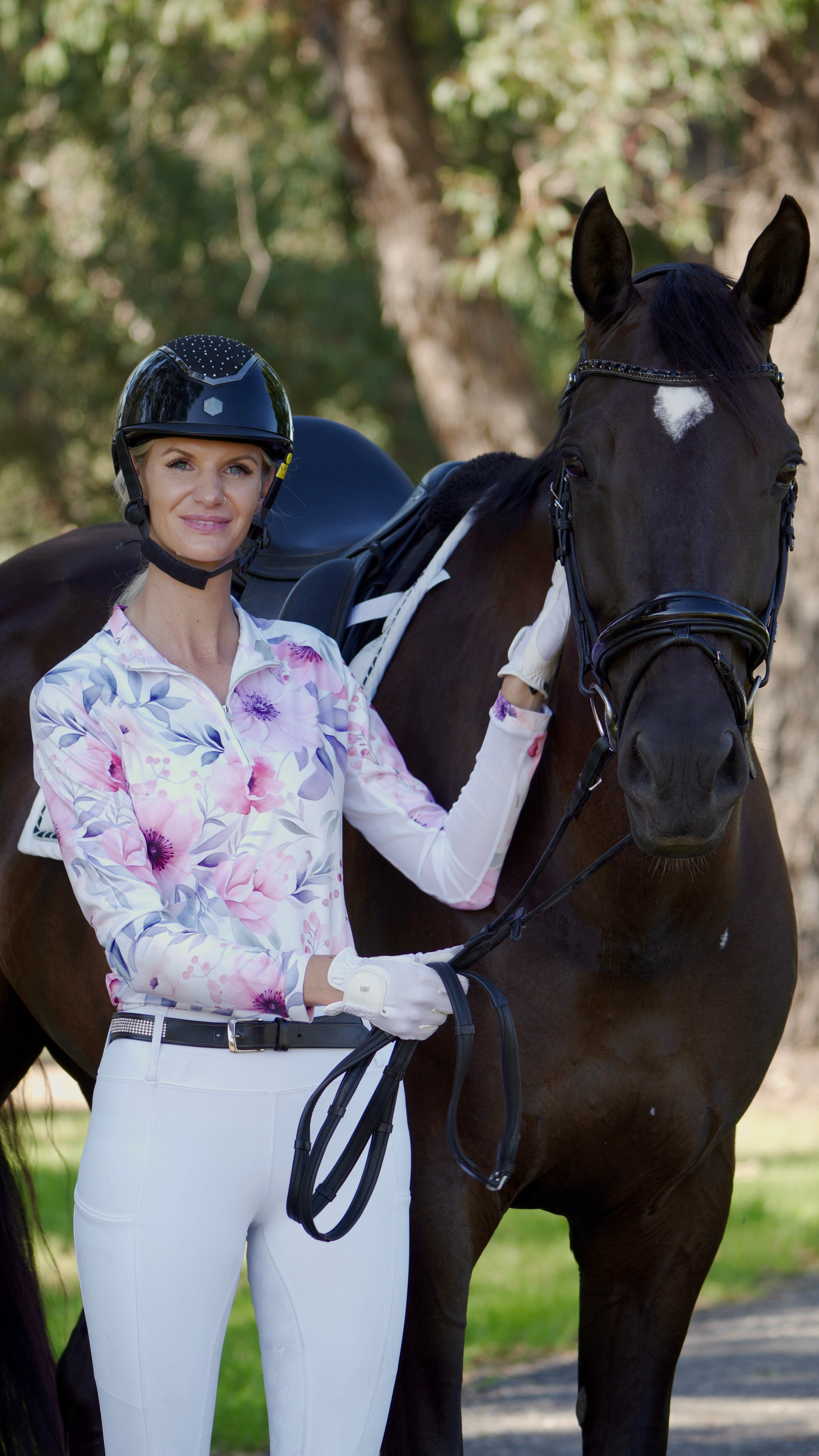 Petal Crush White Equestrian UV Riding Shirt – Breathable & Sun Protective | Bello Cavalli
