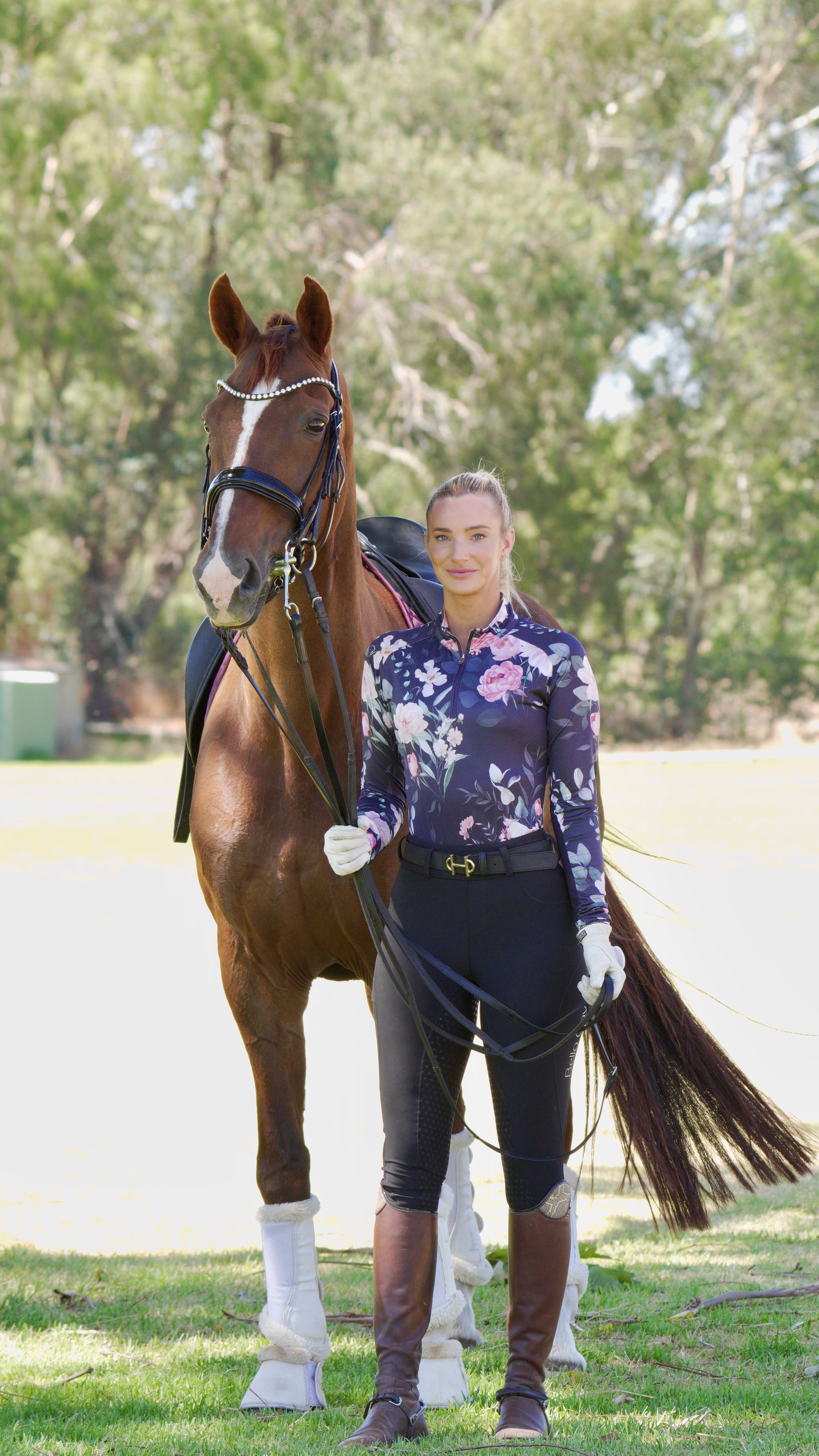 Black Botanical Equestrian UV Riding Shirt – Breathable & Sun Protective | Bello Cavalli