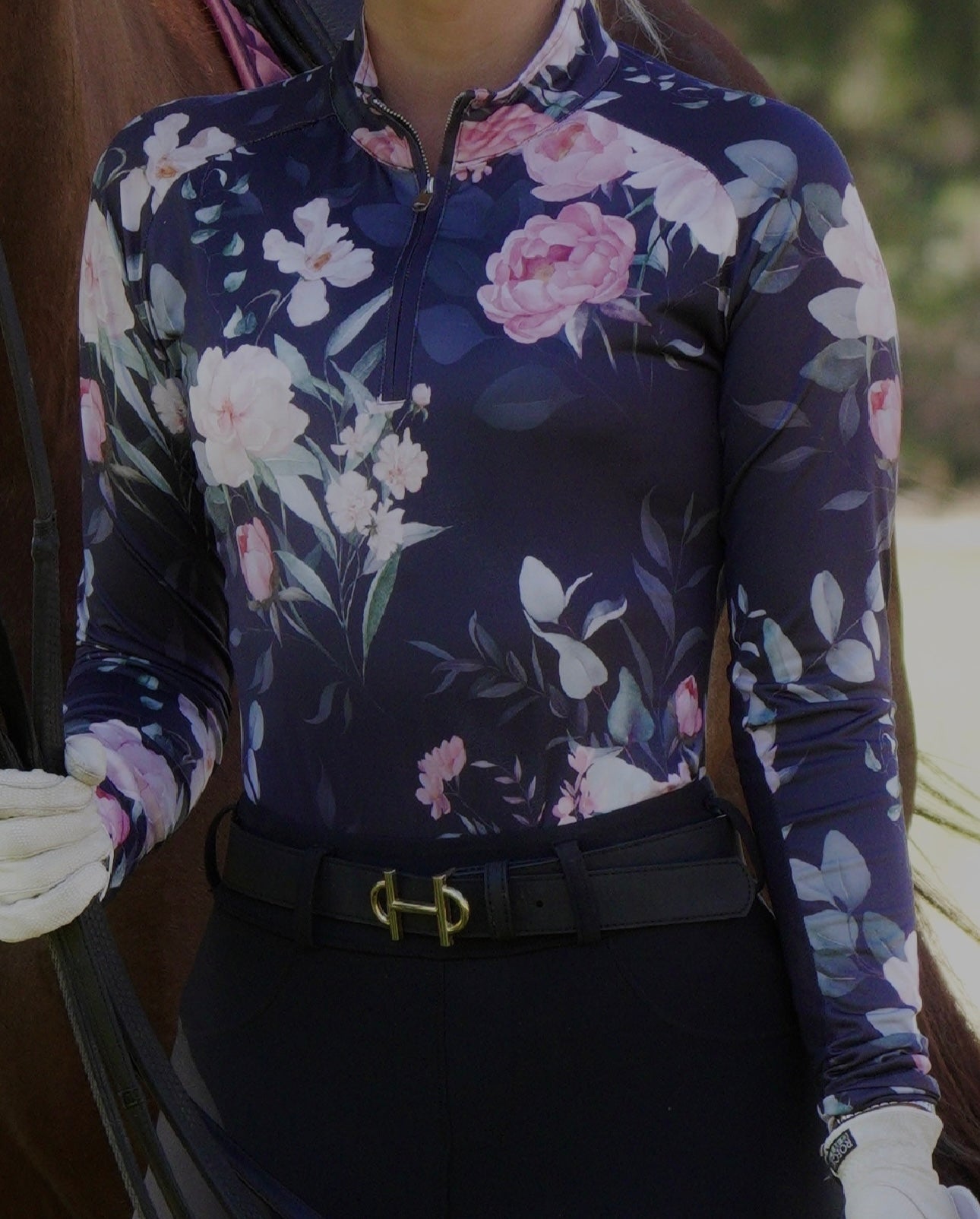 Black Dark Botanical Equestrian UV Riding Shirt – Breathable & Sun Protective | Bello Cavalli
